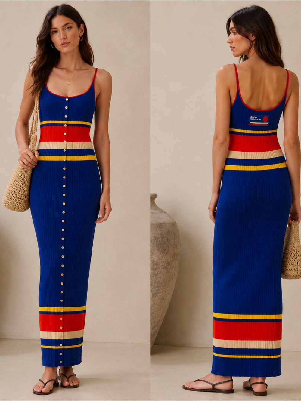 Paco Rabanne Tennis Stripes ’70s Ribbed Knit Button Maxi Dress Large $889
